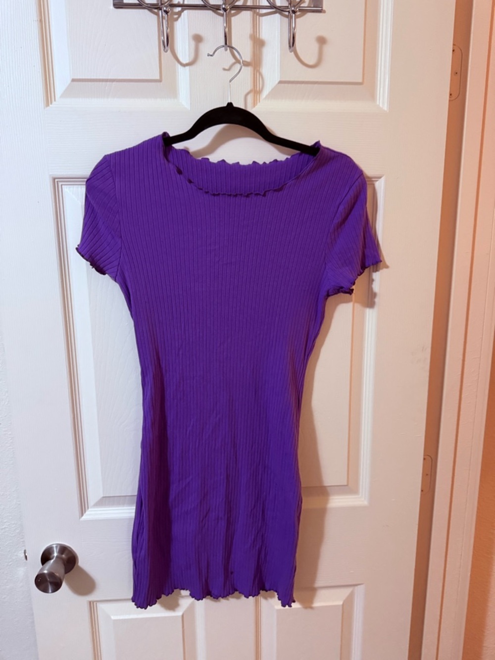 Purple Ribbed Short Sleeve Women's Dress